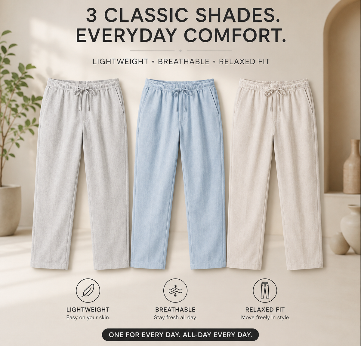 Combo of 3 Cotton Men Handloom Pant White Beige and Sky Blue-00001